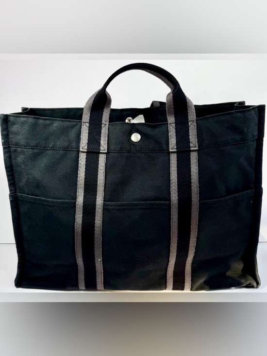 Hermes Handbags - Hermès Fourre Tout MM Canvas Tote Bag Black Gray Stripe Authentic